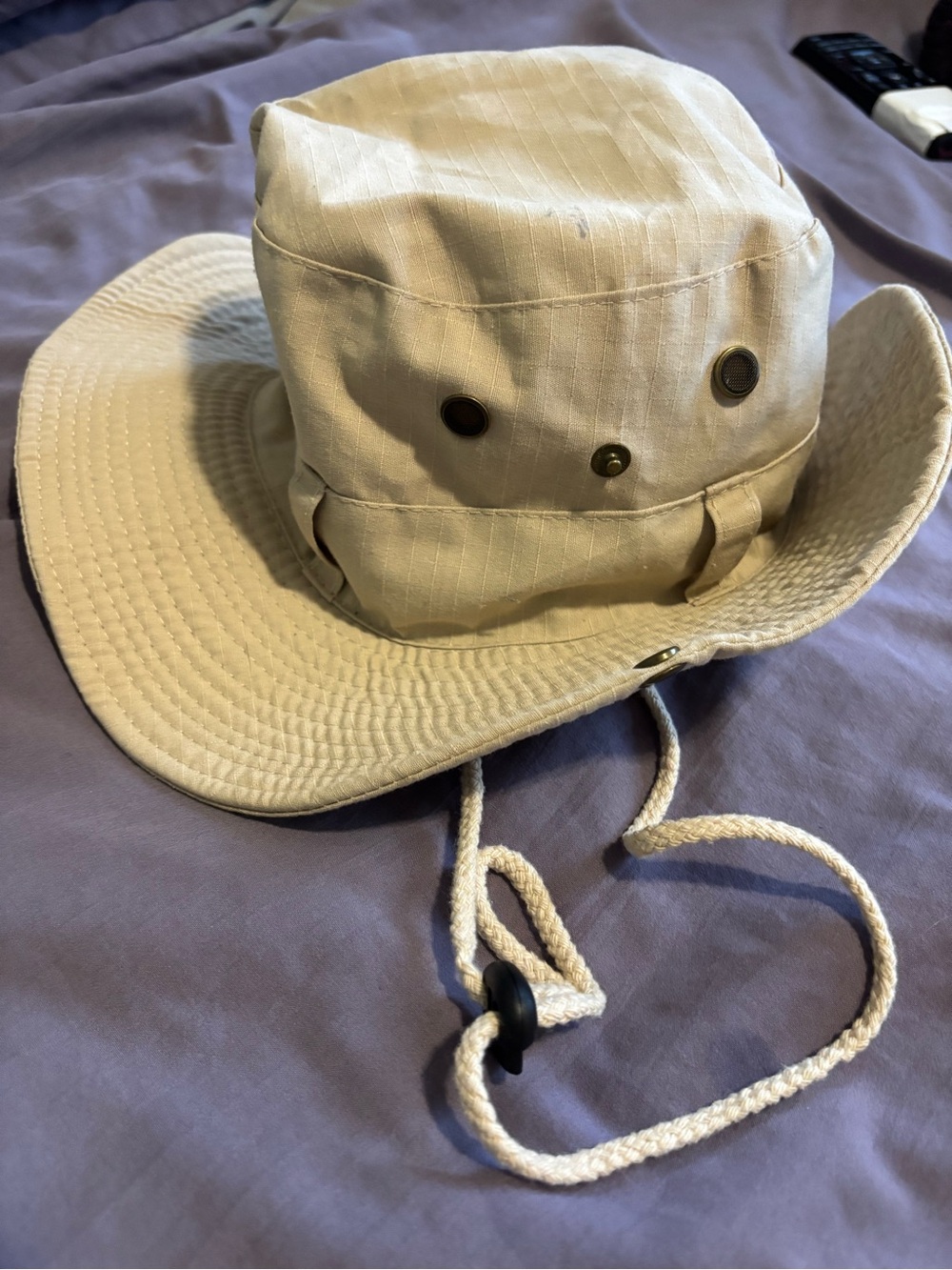 Beige Cotton Boonie Bucket Hat with Chin Cord